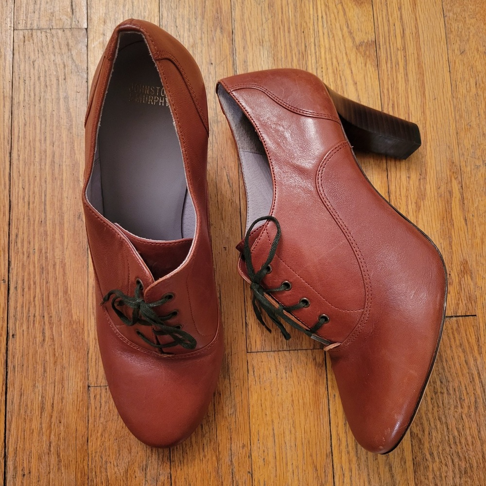 Johnston & Murphy 10M Oxford Heels Cognac Brown Leather Lace Up Western Cottage